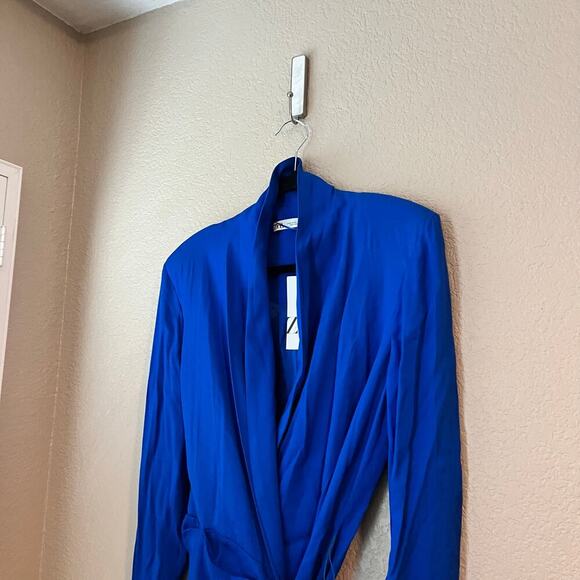 New Zara Blazer Wrap Shirt Dress Ruched Royal Blue Long Sleeve XL NWT - Picture 5 of 10
